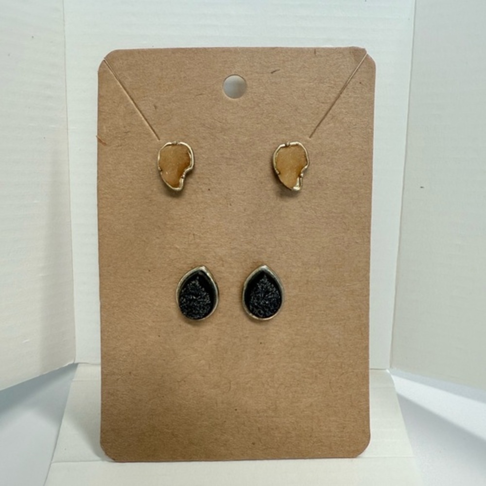 Gold and Black Stone Stud Earrings Set